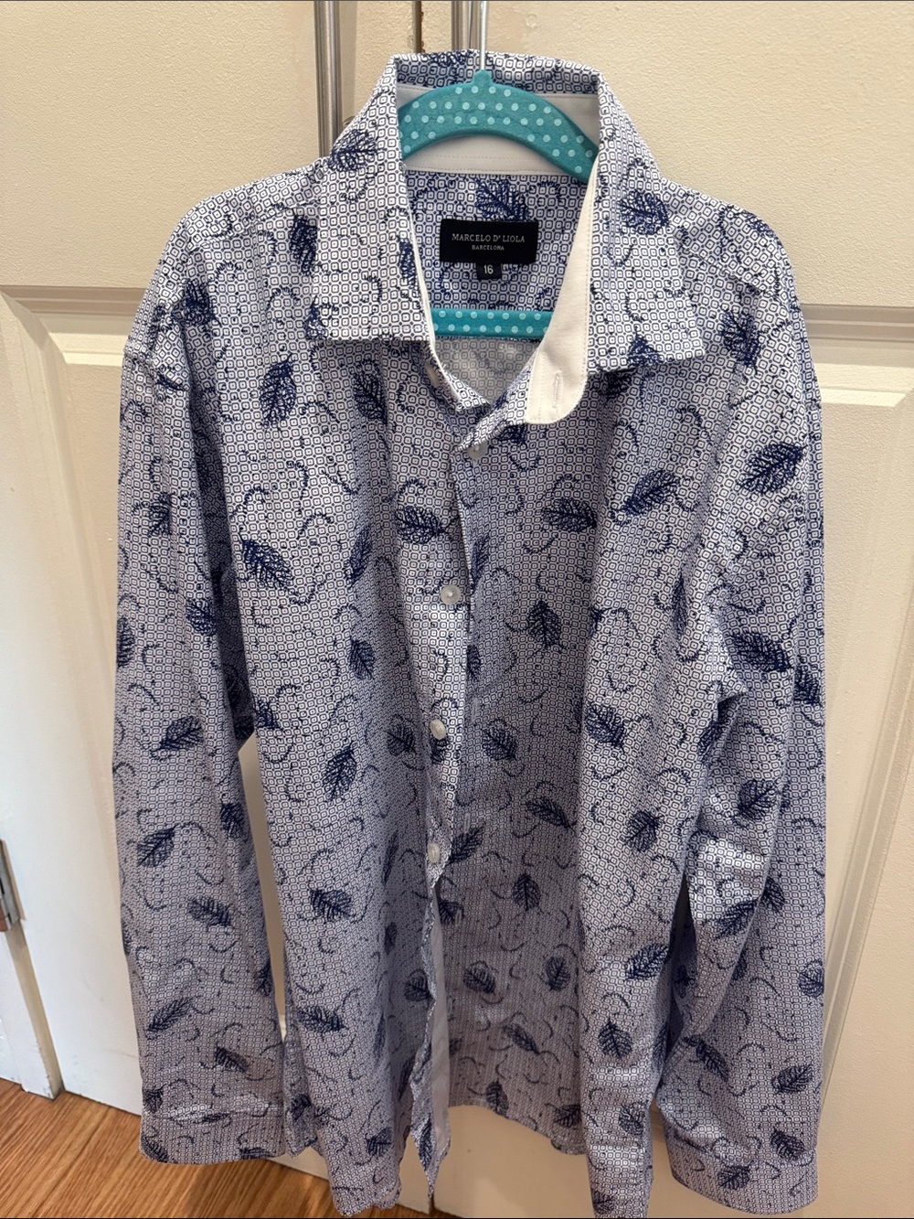 White & Navy Leaf-Print Dress Shirt